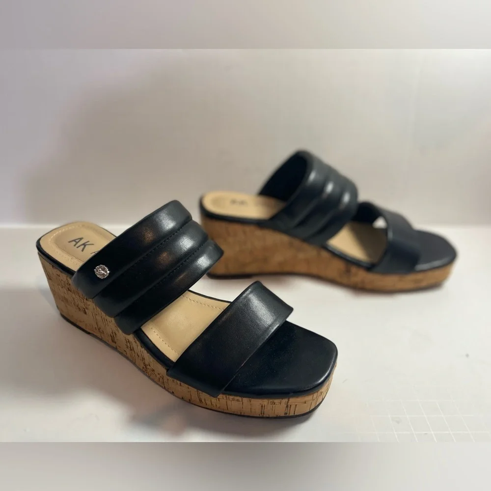 Anne Klein~Neutral~Black~Faux Leather~Open Toe~Slip-On Cork Wedge Sandal~Size 9